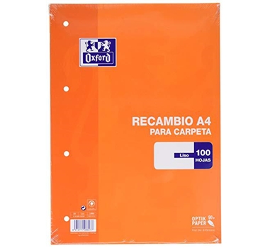 OXFORD RECAMBIO 100 HOJAS SUELTAS MICROPERFORADAS LISO A4