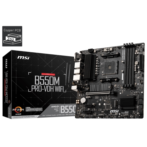 Placa base AM4 microATX MSI B550M Pro-VDH Wifi - 4xDDR4 (hasta 128 GB 4400 Mhz OC) - 4 x SATA RAID - 2 x M.2 - USB 2.0 (2/4) - USB 3.2 (4/2) - USB-C 3.1 interno - HDMI - VGA - DP - Wifi - BT 4.2