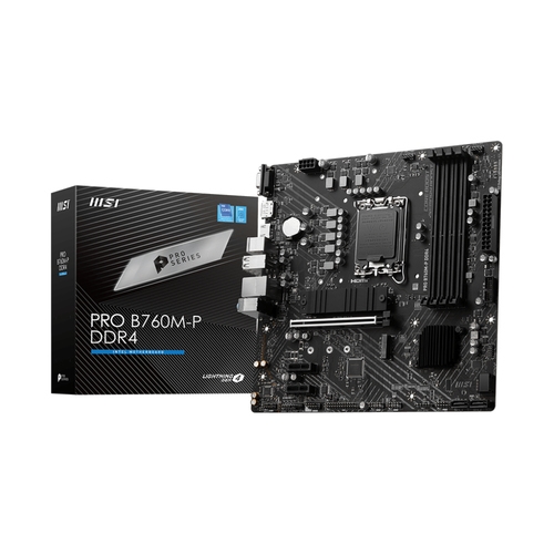 Placa base 1700 microATX MSI Pro B760M-P DDR4 - 4xDDR4 (hasta 128GB 4800 Mhz OC) - 4xSATA RAID - 2xM.2 - USB 2.0 (4/4) - USB 3.2 (1/2) - USB-C (1/0) - VGA - HDMI - DP