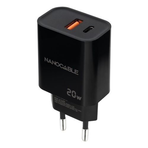 CARGADOR USB-C/PD + USB-A/QC 20W NEGRO