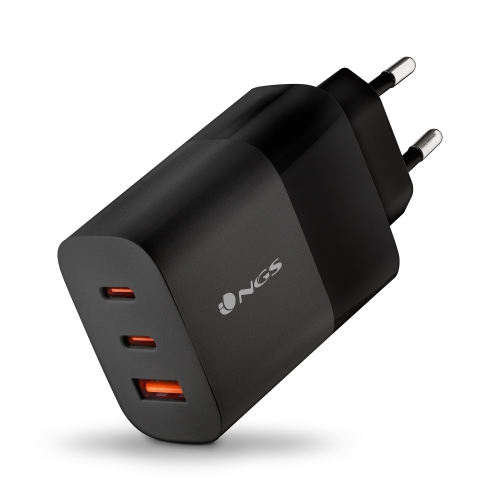 NGS Bud 65W Cargador Universal de Pared 65W Ultrarapido - 2x USB-C PD & PPS, 1x USB-A QC 3.0 - Color Negro