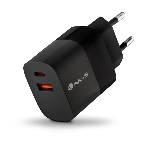NGS Bud 33W Cargador Universal de Pared 33W Ultrarapido - 1x USB-C PD & PPS, 1x USB-A QC 3.0 - Color Negro