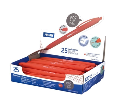 [114885] Milan Bolígrafo P1 touch rojo, con el cuerpo del mismo color que la tinta. Expositor 25 unidades