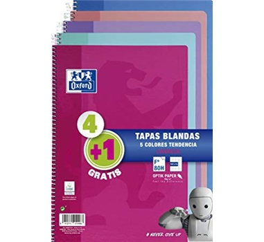 [114702] OXFORD CUADERNO ESPIRAL 80 HOJAS 4X4 CON MARGEN TAPAS BLANDAS FOLIO COLORES TENDENCIA -PACK 4+1-