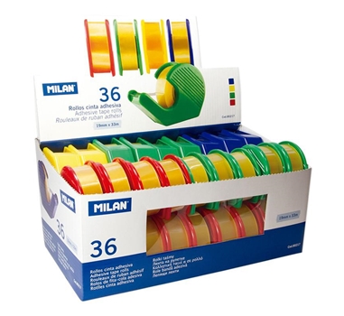 [114553] MILAN CINTA ADHESIVA TRANSPARENTE ROLLO 19MMX33M CON DISPENSADOR COLORES EXPOSITOR -36U-