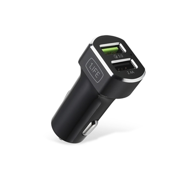 [112778] 1LIFE - Cargador Coche 5V 2 Puertos - 1x Qualcomm 3.0 + 1x USB 2.4A - Negro
