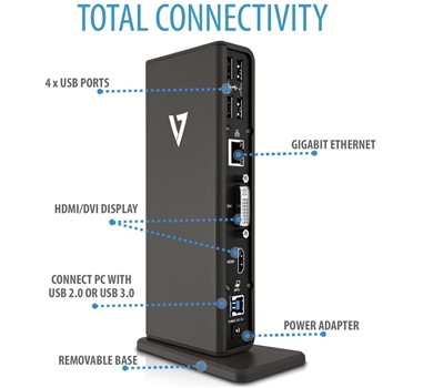 [112618] V7 - Docking Station UDDS-1E - Entrada USB 3.0 - Salidas 2xUSB 3.0 - 4xUSB 2.0 - HDMI - DVI - Gigabit Lan - Alimentación Externa