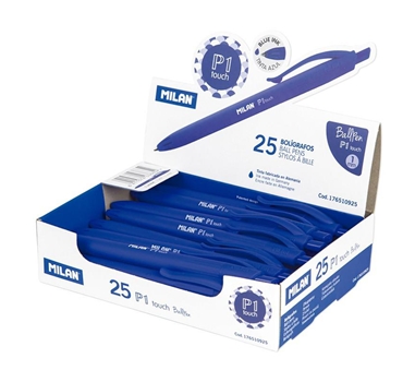[114884] Milan Bolígrafo P1 touch azul, con el cuerpo del mismo color que la tinta. Expositor 25 unidades