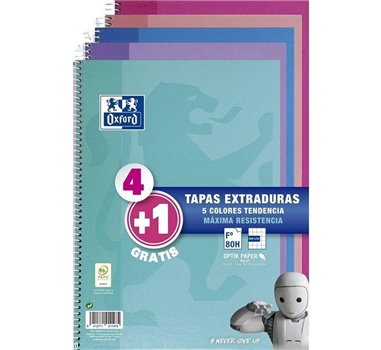 [114723] OXFORD CUADERNO ESPIRAL WRITE&ERASE 80 HOJAS 4X4 CON MARGEN TAPAS EXTRADURAS FOLIO COLORES TENDENCIA -PACK 4+1-
