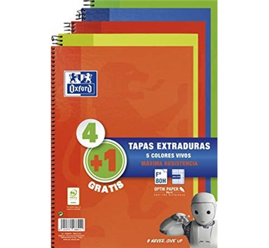 [114722] OXFORD CUADERNO ESPIRAL WRITE&ERASE 80 HOJAS 4X4 CON MARGEN TAPAS EXTRADURAS FOLIO COLORES VIVOS -PACK 4+1-