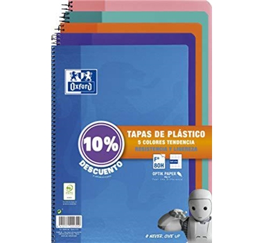 [114711] OXFORD CUADERNO ESPIRAL 80 HOJAS 4X4 CON MARGEN TAPAS DE PLÁSTICO FOLIO COLORES TENDENCIA (10% DTO) -PACK 5U-