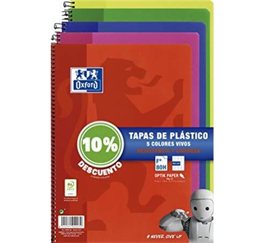 [114710] OXFORD CUADERNO ESPIRAL 80 HOJAS 4X4 CON MARGEN TAPAS DE PLÁSTICO FOLIO COLORES VIVOS (10% DTO) -PACK 5U-