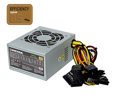 [108567] Fuente Alimentación Unykach SFX (formato cuadrado) - 300W - 85% Eficiencia - Ventilador 8cm - 24 pins - 2x S-ATA - 1x FDD - 2x Molex - PFC Activo - Protección picos de tensión y cortocircuitos