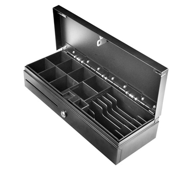 [107912] Cajón portamonedas automático 46 APERTURA VERTICAL- Gavetero extraíble - RJ11 - 8 compartimentos para monedas y 6 para billetes - 1 ranura frontal para billetes - Negro