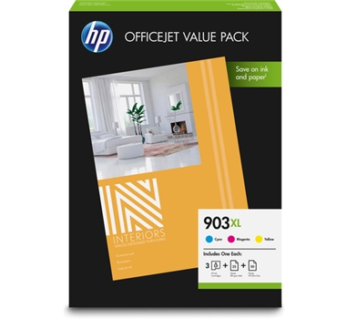[113706] HP Value Pack 3 cartuchos de tinta + 25 hojas papel A4 HP profesional inkjet 180grs + 50 hojas papwl A4 HP printing 80grs 1CC20AE (903 XL)