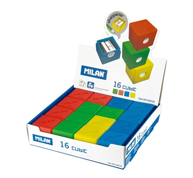 [124671] Milan caja expositora 16 Sacapuntuas con deposito Cubic. Varios colores.