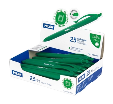 [122875] Milan Bolígrafo P1 touch verde, con el cuerpo del mismo color que la tinta. Expositor 25 unidades