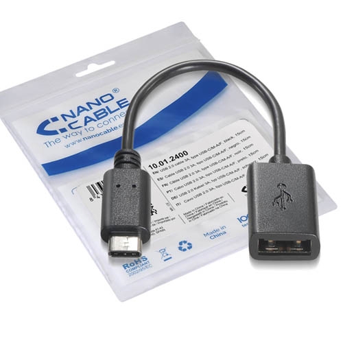 [107837] Nanocable - Cable USB 2.0 3A USB-C/M-A/F 15cm Negro OTG (On The Go)