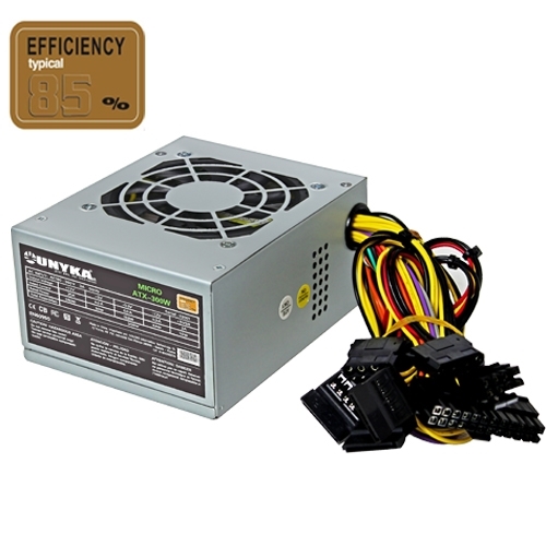 [108567] Fuente Alimentación Unykach SFX (formato cuadrado) - 300W - 85% Eficiencia - Ventilador 8cm - 24 pins - 2x S-ATA - 1x FDD - 2x Molex - PFC Activo - Protección picos de tensión y cortocircuitos