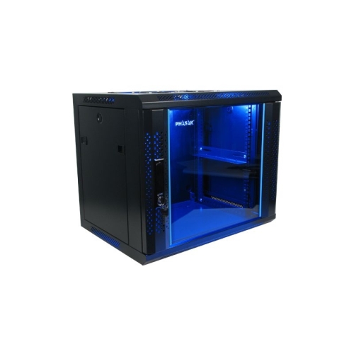 [111714] Armario rack mural PHASAK 12U 600x450 negro + Ventilacion/Luz Azul