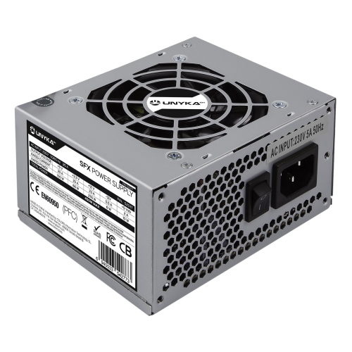 [112236] Fuente Alimentación Unykach SFX mATX (Formato cuadrado) 450W - 1x ventilador 8cm - 24 pins - 2 x SATA - 2 x Molex - 1 x 20+4 pin - 1 x 4 pin 12V - CE - RoHS