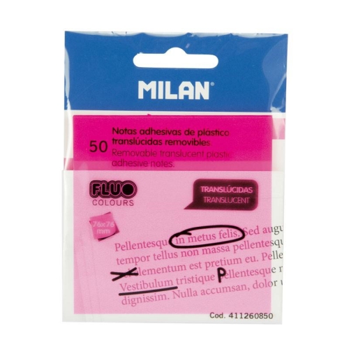 [114727] MILAN NOTAS ADHESIVAS 50 HOJAS 76X76MM TRANSLÚCIDAS ROSA FLUORESCENTE