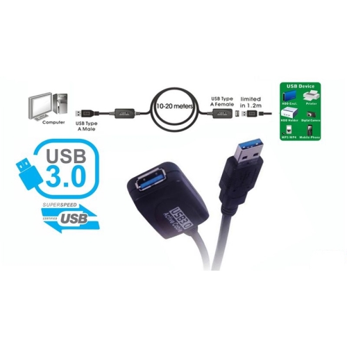 [118451] Cable extensión activo USB 3.0 A Macho a A Hembra - 15m - Negro