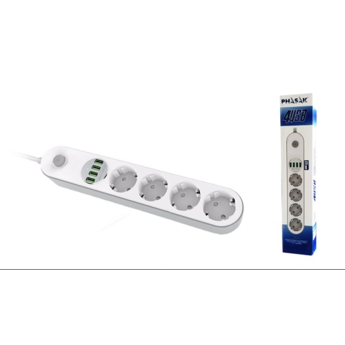 [122704] Regleta de escritorio 4 tomas Schuko + 4 puertos USB 3.4A Phasak con protección e interruptor.