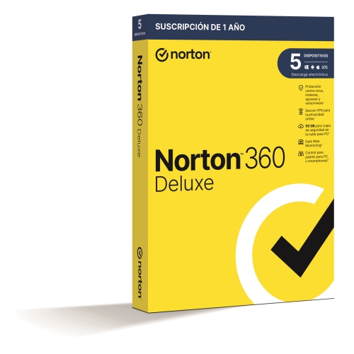 [124900] Norton 360 Deluxe - Antivirus - 50GB almacenamiento - 1 usuario - 5 dispositivos - 12 meses - Control parental - Horario escolar - Dark Web Monitoring - Caja