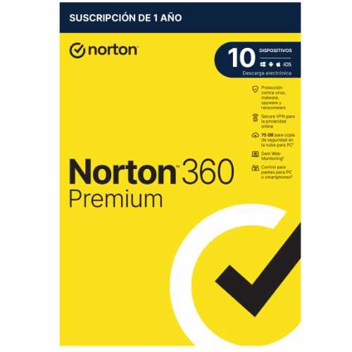 [124897] Norton 360 Premium - Antivirus - 75GB almacenamiento - 1 usuario - 10 dispositivos - 12 meses - Control parental - Horario escolar - Dark Web Monitoring - ESD licencia electrónica