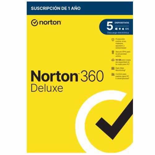 [125052] Norton 360 Deluxe - Antivirus - 50GB almacenamiento - 1 usuario - 5 dispositivos - 12 meses - Control parental - Horario escolar - Dark Web Monitoring - ESD licencia electrónica