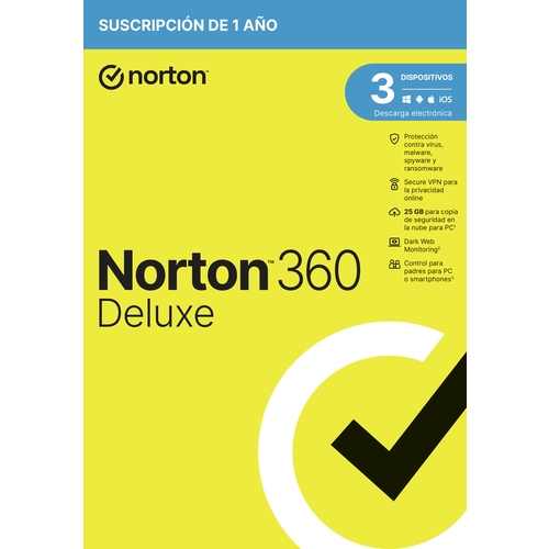 [126591] Norton 360 Deluxe - Antivirus - 25GB almacenamiento - 1 usuario - 3 dispositivos - 12 meses - Control parental - Horario escolar - Dark Web Monitoring - Caja