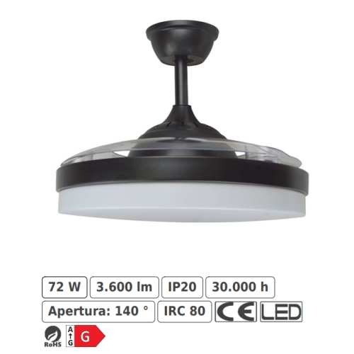 [130066] Ventilador Tahití - Techo - 1060 mm - Mando a distancia - 6 velocidades - Motor DC - Luz LED integrada - Acabado en negro