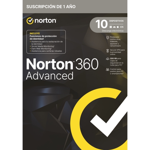 [136036] Norton 360 Advanced PWM 200GB ES - 1 usuario - 10 dispositivos - 12 meses - ESD licencia electrónica